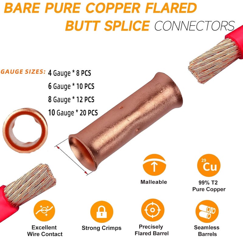 SVAAR 100PCS Flared Open Butt Connectors Kit 4/6/8/12-10 Gauge Butt Splice Connector Non-Insulated Butt Connectors Crimp Pure Copper 50PCS Seamless Barrel Wire Splice Terminals +50PCS 3:1 Heat Shrinks - Image 4